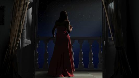 在阳台上穿红裙子的女人