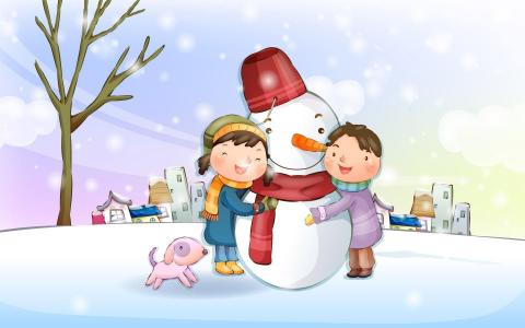 男孩和女孩拥抱一个雪人