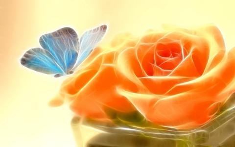 在橙色玫瑰上的蓝色蝴蝶